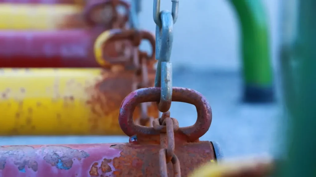 Rusty colorful metal bars connected by chains